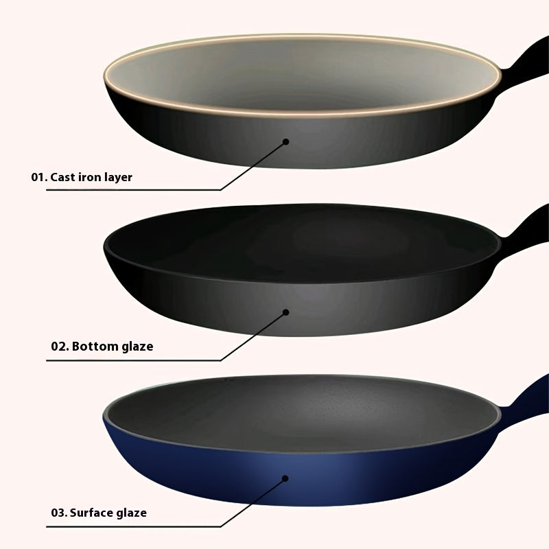 This listing is for a 26.01 cm Cast Iron Skillet that is non-stick and uncoated. It is recommended to hand wash only and is compatible with gas stoves. The skillet has a flat bottom and a multi-use saute pan with a cast iron handle. This pack includes 26