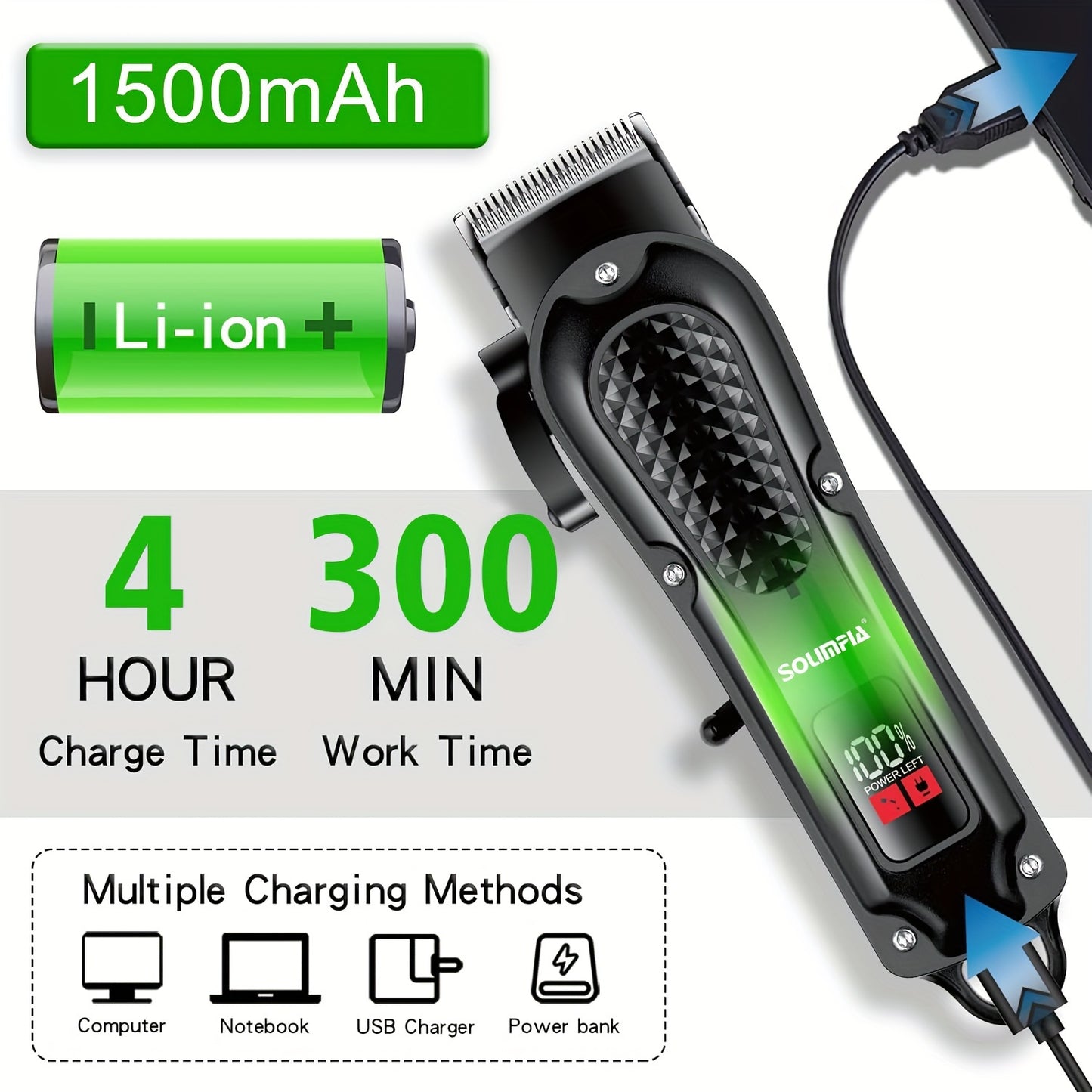 SOLIMPIA Professional Hair Clippers for Men - Cordless & Corded, USB Rechargeable, Ideal for Hair Cutting & Grooming.