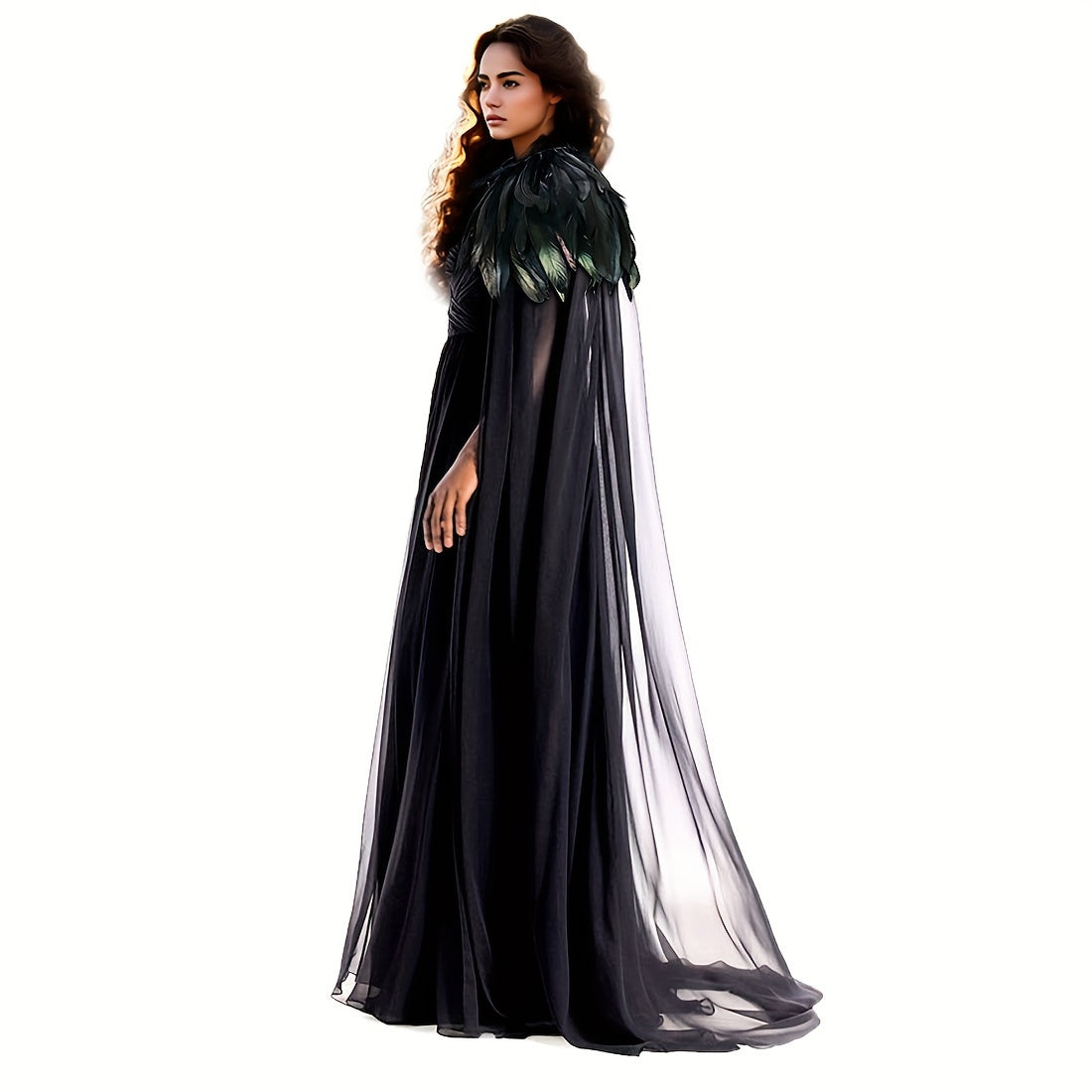 L'VOW Evil Queen Witch Costume - Perfect for Halloween Cosplay. Includes Feathered Cape, Long Robe & Shawl. Stand out in this Funky Polyester Masquerade Outfit from L'VOW.