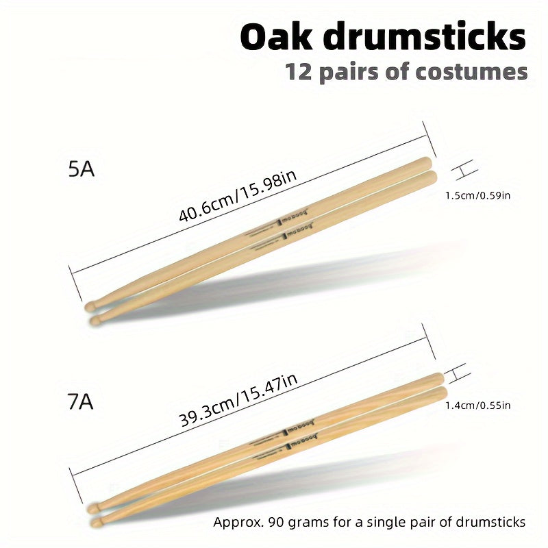 Set of 12 pairs of 5A/7A oak drumsticks for percussion instruments, jazz drumming, and electronic drums. Premium wood grain design for beginners and professional drummers. Labeled as