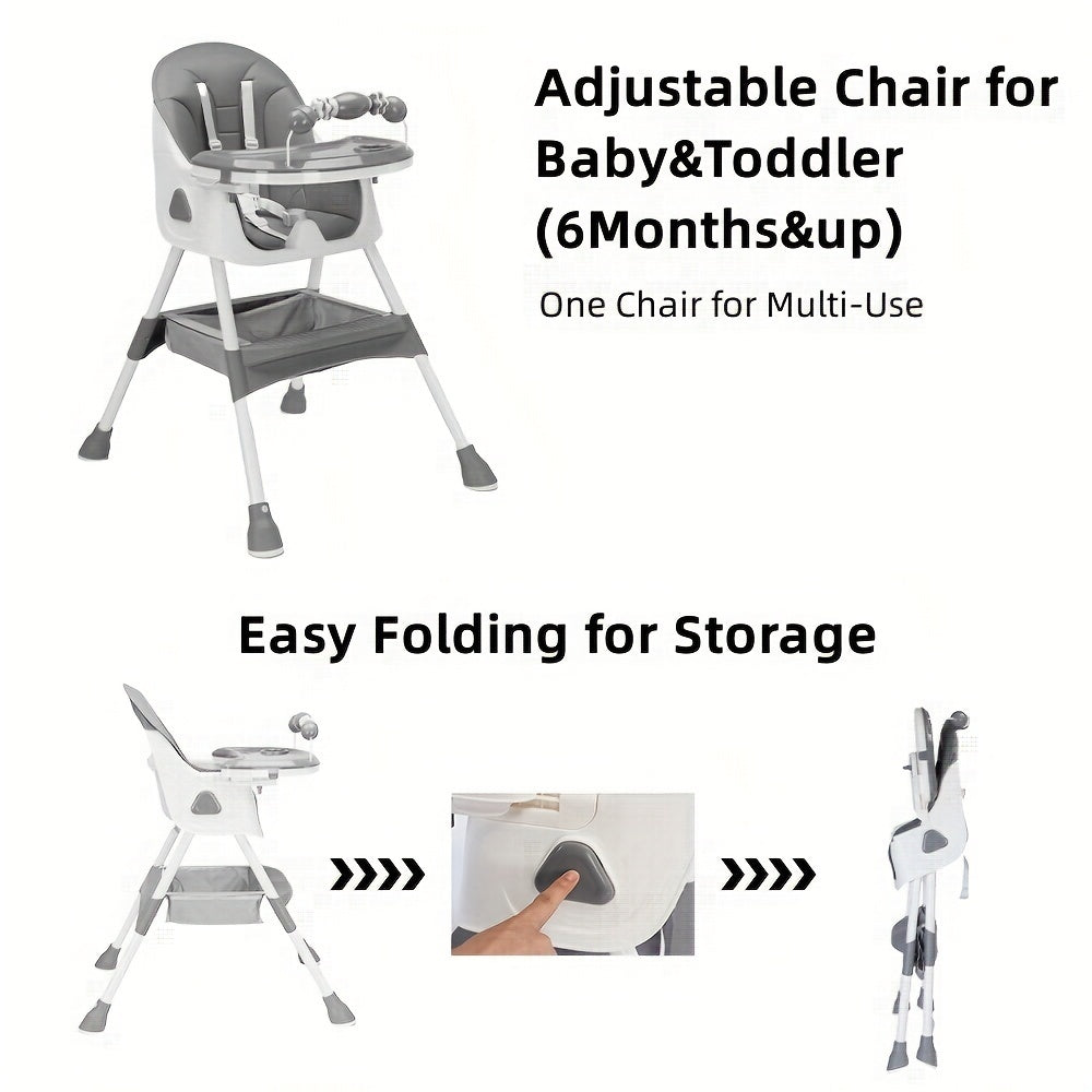 The Modern Portable Children's High Chair is a versatile and adjustable eating and playing chair with a table attachment for toddlers. It is designed to provide a high seat for infants and babies during mealtime, complete with a food plate. It makes a