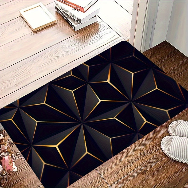 Stylish Black and Gold Geometric Area Rug - Contemporary, Easy-to-Clean Flannel Plush Carpet for Living Room, Bedroom, Entryway - Slip-Resistant, Absorbent Floor Rug