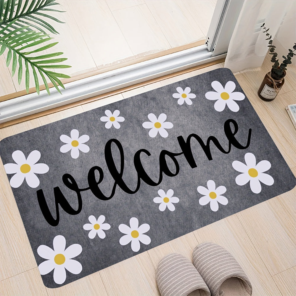 One piece of the "Welcome" Floral Anti-Fatigue Doormat is available. It is non-slip, absorbent, and machine washable with a double-lock edge. Ideal for use in kitchens, hallways, laundry rooms, and entrances, this soft crystal velvet mat weighs 830g/m²