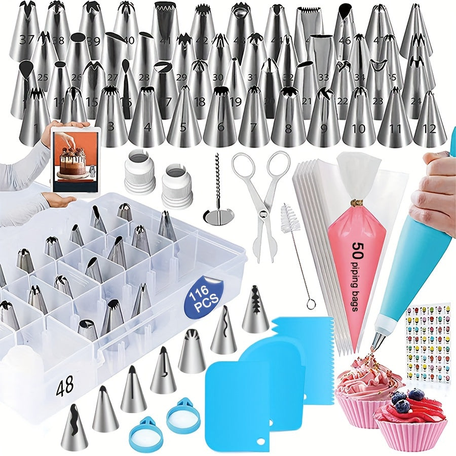 This Cake Decoration Baking Tool Set features 116 pieces, with a variety of piping tips, piping bags, cake scrapers, and more, all conveniently stored in a handy storage box. Ideal for creating beautifully decorated cream cakes, biscuits, cookies, bread