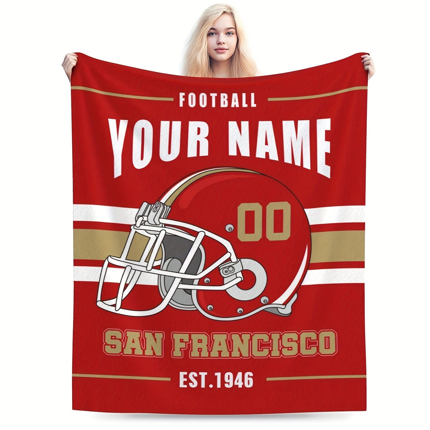 Personalized San Francisco Football Blanket - Customizable Name Throw for Bed or Sofa, Soft and Cozy Flannel Travel Blanket, Rectangular Polyester Woven Design, No Electricity Required, Perfect Home and Kitchen Decor for Football Fans of All Ages.