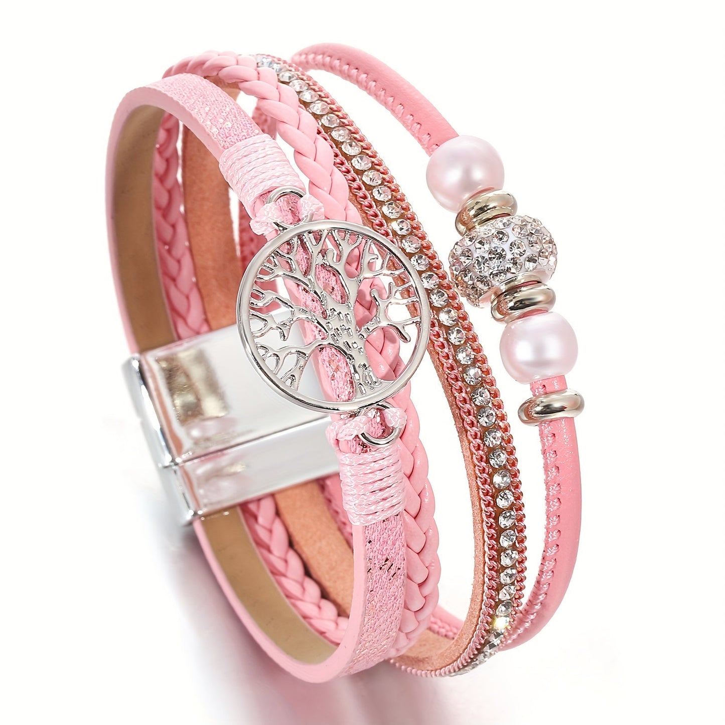 Chic Multi-Layer Faux Leather Wristband with Tree of Life Charm and Sparkling Rhinestones, Perfect for Everyday Wear or as a Thoughtful Birthday/Friendship Gift - Set of One