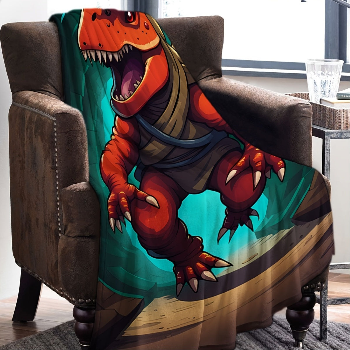 Stay cozy with the DinoDawn Cartoon Adventure Dinosaur Print Knitted Polyester Throw Blanket. This contemporary style blanket is perfect for all seasons, featuring a digital print design and soft, warm comfort. With a fabric weight of 200-250g, this