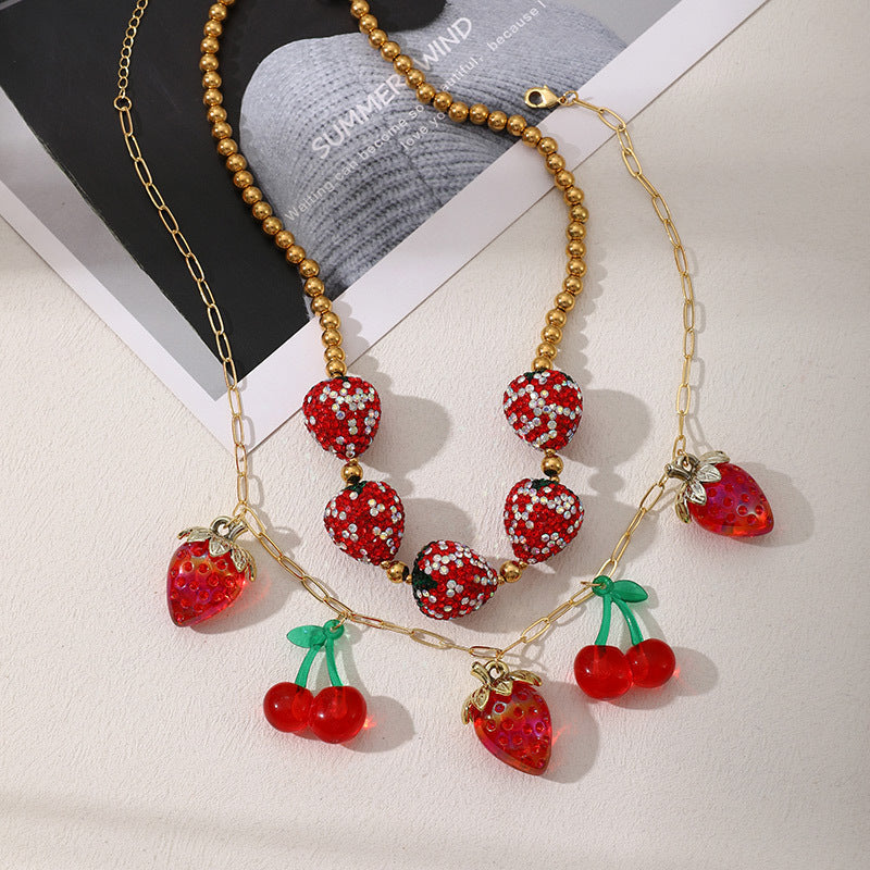 Y2K-Inspired Elegant Resin Strawberry & Cherry Pendant Necklace with Vibrant Red and Golden Accents - Great for Ladies & Sisters, Perfect for Parties & Festive Events