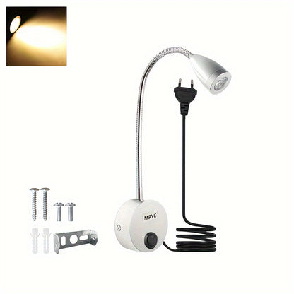 Wall-mounted reading light with flexible goose neck LED spotlight, plug and switch, suitable for bedroom, bedside, office, workbench, studio.