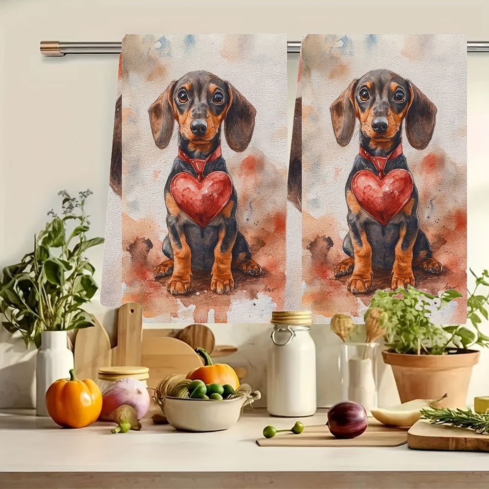 Get two ultra soft kitchen towels featuring an adorable dachshund puppy with a heart design. These highly absorbent and machine washable hand towels measure 40.64x60.96 cm and are perfect for Valentine's Day decor or as dish towels.