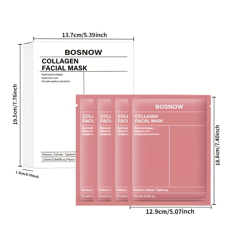 4 BOSNW Real Collagen Deep Masks hydrate, firm, and nourish skin with collagen, niacinamide, and hyaluronic acid. suitable for all skin types, hypoallergenic and phthalate-free, delivers