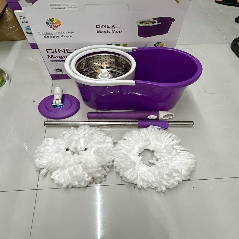 The Dual-Drive Spin Mop and Bucket Set is a hands-free swivel mop perfect for wet and dry cleaning. No electricity is needed, making it ideal for use in the living room, bedroom, toilet, kitchen, and for floor cleaning.