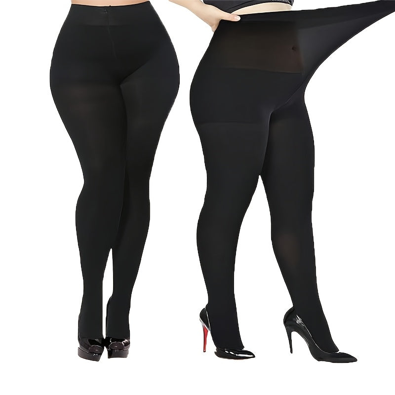 Plus size women's black high-waist stretchy tights with dual-layer nylon/spandex, slim fit, suitable for casual and home wear. Machine washable. Leggings for plus size.