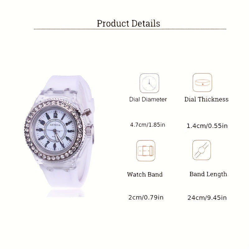 Glow-in-the-Dark Silicone Watch with Rhinestone Accents, LED Time Display for Men, Women, & Youngsters, Quartz Movement, Casual Fashion Accessory, Fun Nightwatch, Analog Display, Silicone