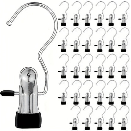 Set of 20 Stainless Steel Multi-Use Clips with Hooks - Versatile Hangers for Laundry, Pants, Hats & Skirts - Swiveling Storage Organizer