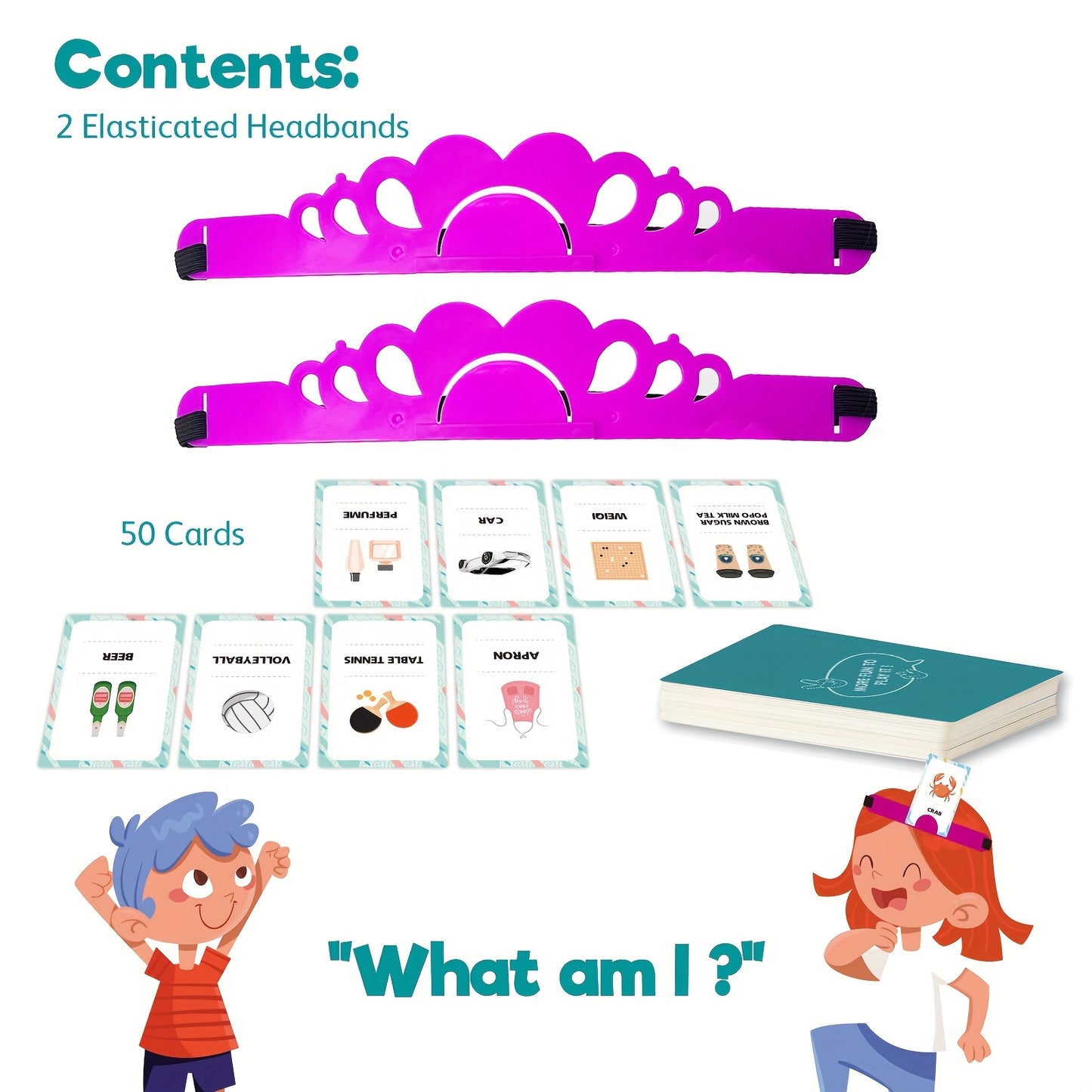 Family guessing card game for gatherings, includes headbands, 50 cards, durable stock.