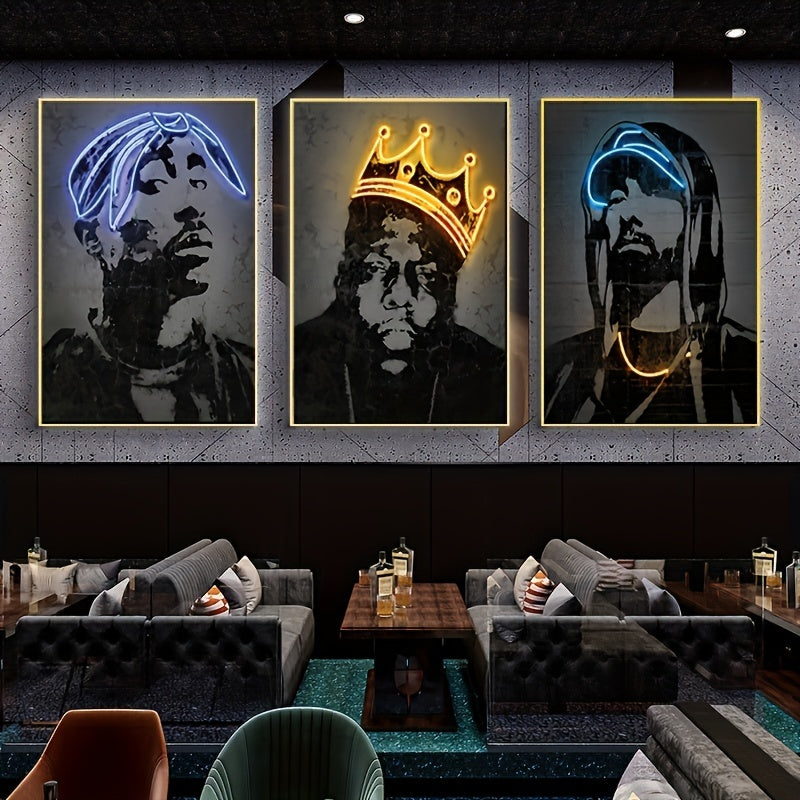 Neon Rapper Canvas Set - Hip-Hop Wall Decor, Frameless, Ideal for Various Rooms & Bar