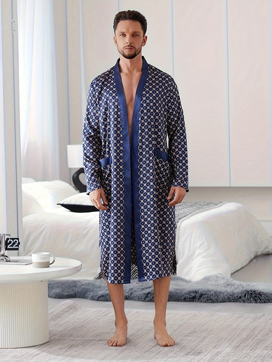 Men's Casual pajama set with V-neck robe, belt, and random print design, made of soft, machine washable polyester non-stretch fabric.