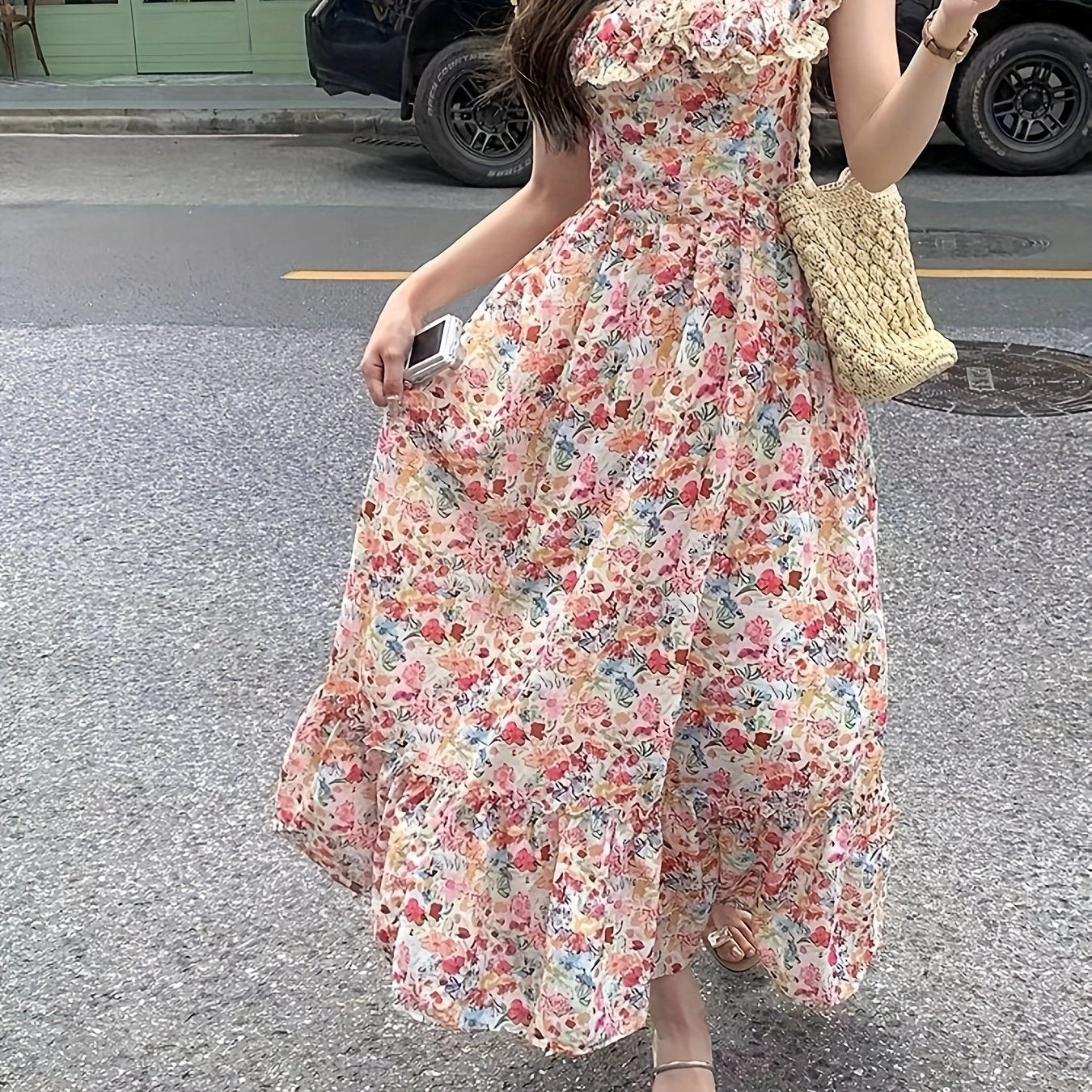 Women's Korean style floral print maxi dress with ruched sweetheart neck in an A-line silhouette. Made of polyester, suitable for spring, summer, and autumn. Perfect for adult fashion