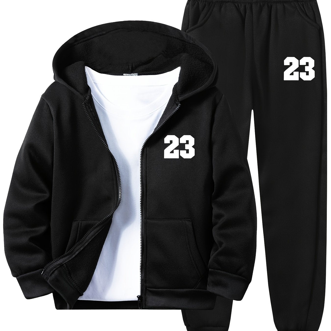 Boys' 2-piece #23 print hoodie and joggers set in cozy fleece lining, ideal for fall/winter casual wear and running outdoors.