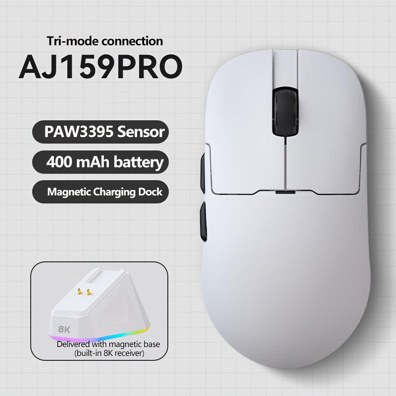 AJ159PRO Gaming Mouse with 8KHz PAW3395 Sensor, 3 Modes, Magnetic Charging Dock, 26K DPI, 56g Lightweight, Ambidextrous design, for Windows 10.