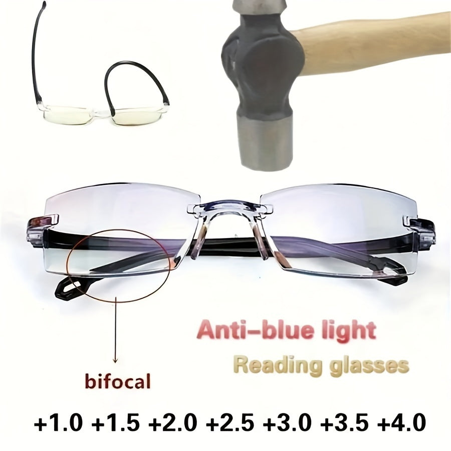 Bifocal reading glasses with clear lenses for women and men to reduce eyestrain while using computers.