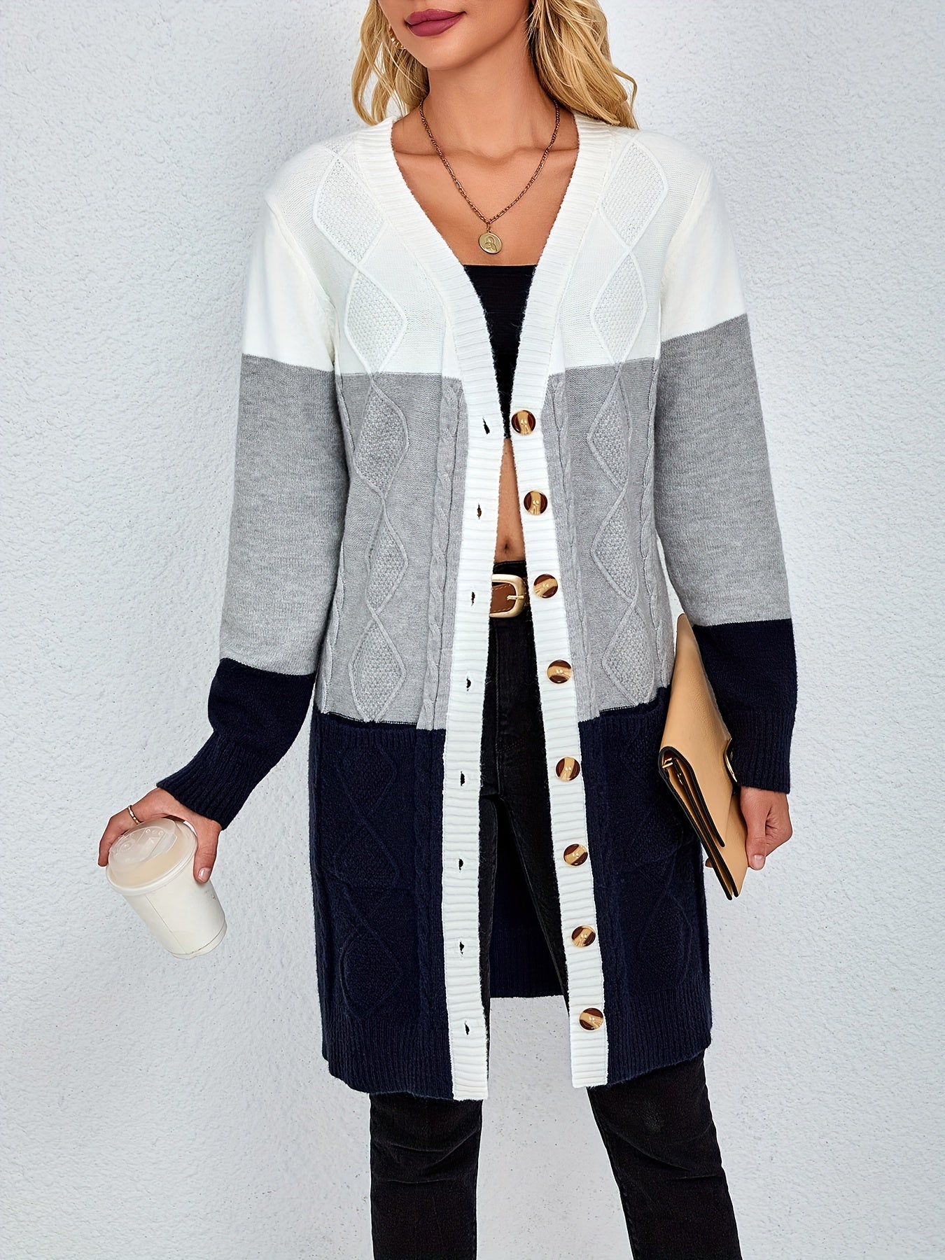 Elegant V Neck Color Block Cardigan for Women