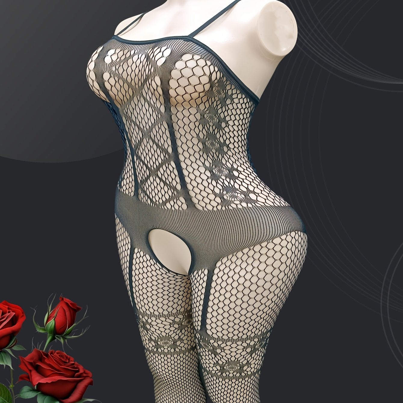 Seductively sheer mesh bodysuit with garter socks and intricate jacquard design.