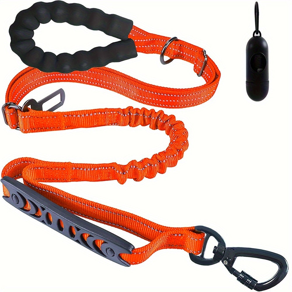 Bungee dog leash with 2 padded handles, reflective threads for medium to large dogs, 4-in-1 multifunctional design with car seat belt.