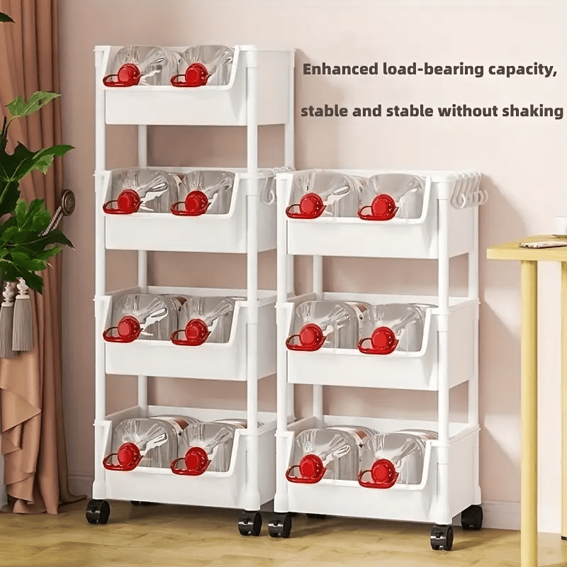 Multi-layer trolley shelf for floor-to-ceiling storage of snacks, fruits, vegetables, and books. Made of durable plastic, no batteries needed.