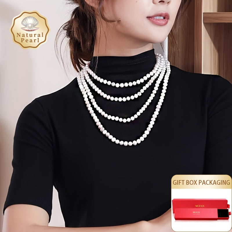 Elegant Multi-Layer Sweater Chain: MUFAN Vintage Natural Freshwater Pearl Necklace for Women, 6-8mm, 200cm Long Strand, June Birthstone, No Plating, Perfect for Daily Wear and Special Occasions. Comes in a Gift Box.