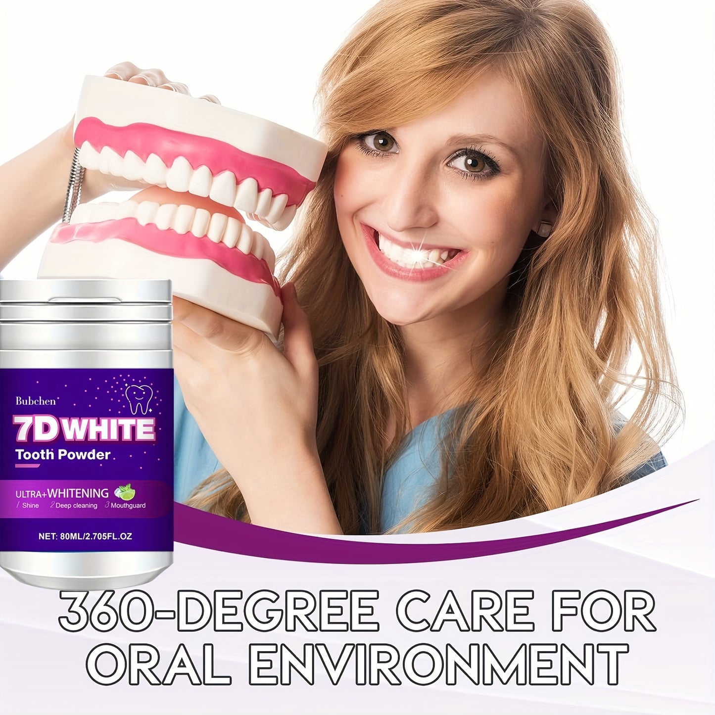 Bubchen 7D Whitening Tooth Powder with Natural Pearl Essence, Mint Flavor, 80ml - 6 Weeks Supply, Deep Clean & Stain Removal.