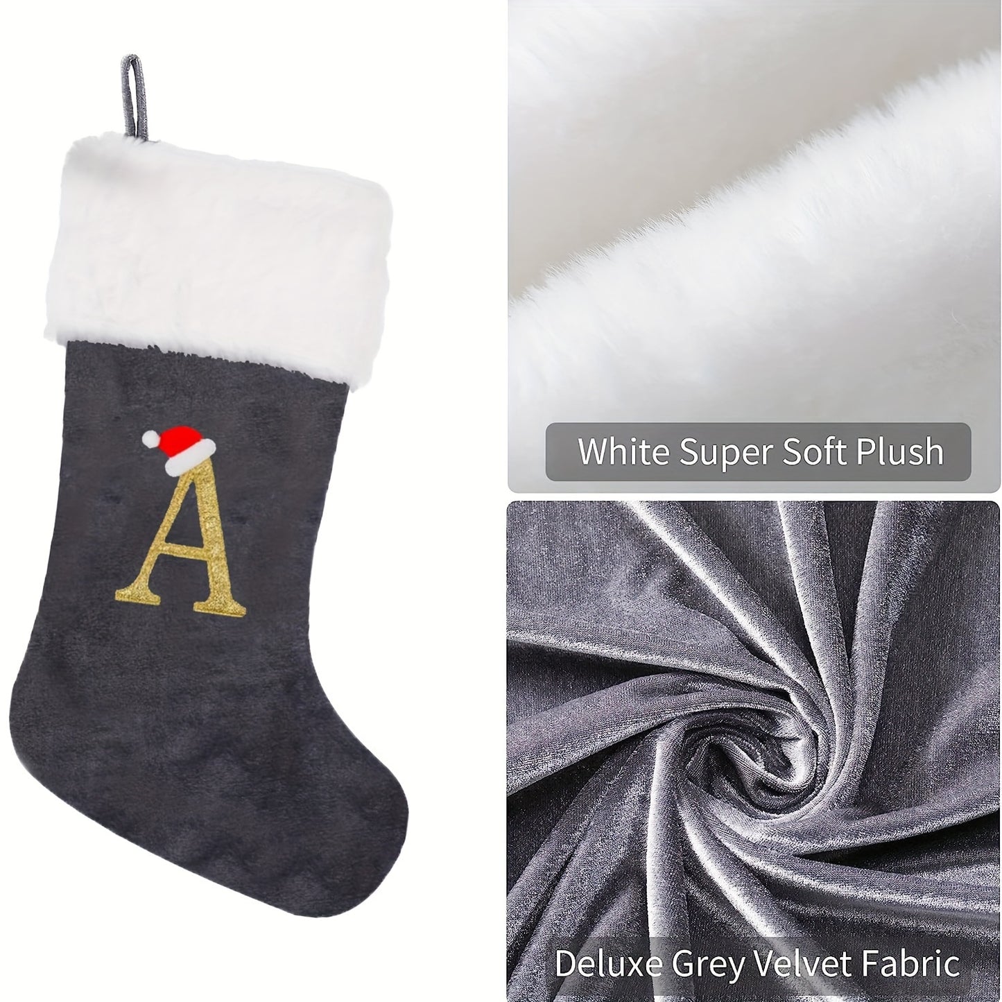 Modern Christmas stocking featuring 'HOME' embroidery in grey and white, made of polyester flannel, 43.18cm in length, feather-free, perfect holiday gift.