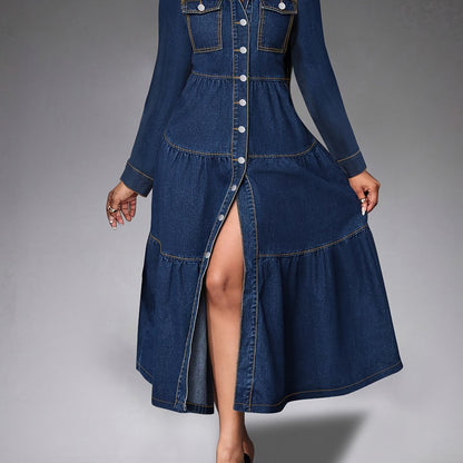 Women's denim dress with long sleeves, 65% polyester and 35% cotton, solid color for fall/winter, medium stretch, frill detail, shirting style, fabric weight 90g/m².