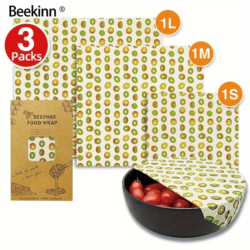 3-piece Beekinn Beeswax Reusable Food Wraps in Abstract Curves Pattern - Sustainable, Zero Waste Food Storage Solution