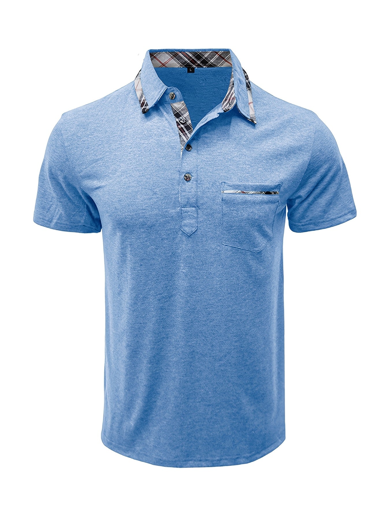 Men's plus size polo shirt with pocket, plaid lapel collar, knit fabric with slight stretch (77% polyester, 19% viscose, 4% elastane), ideal for summer at 180g/m² weight.