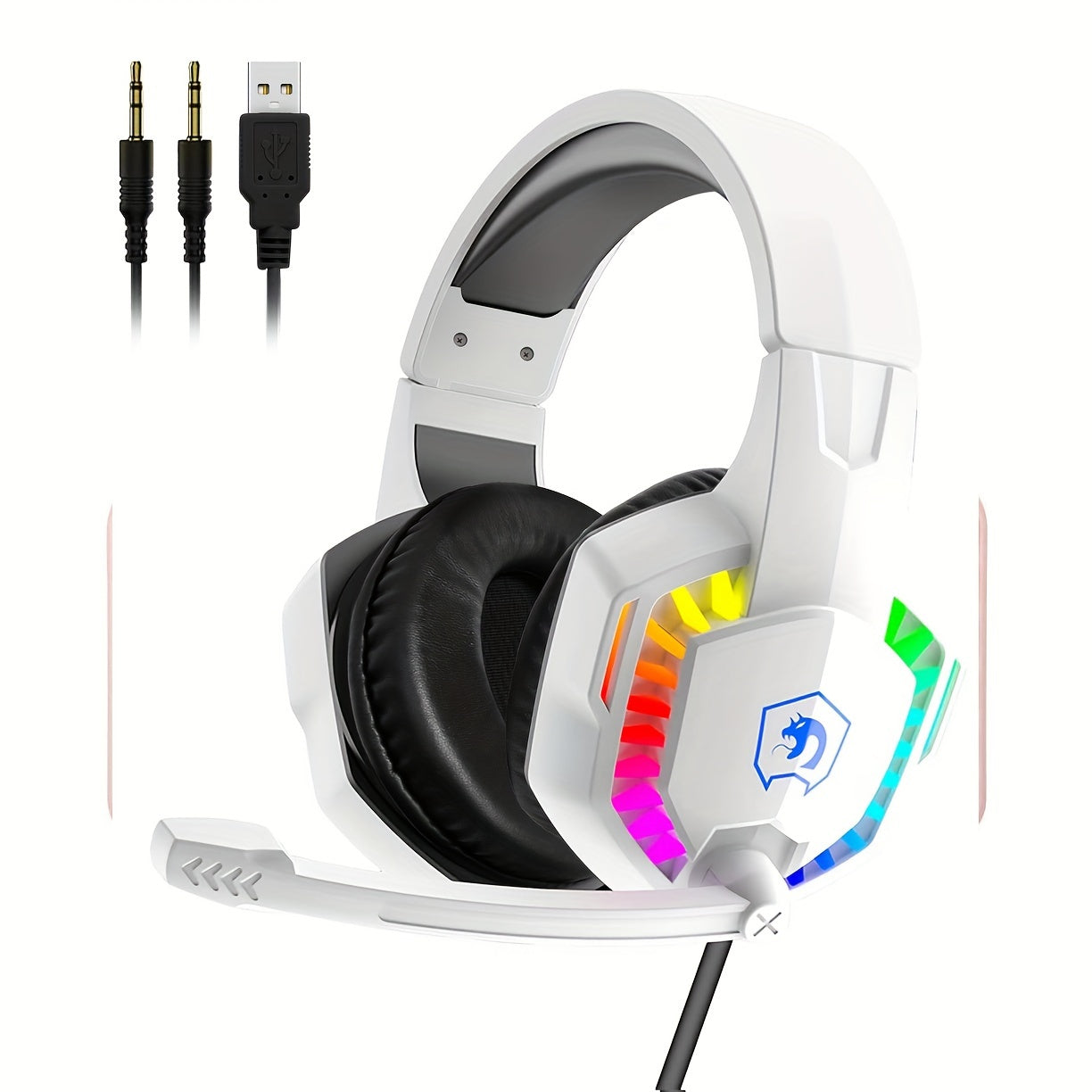 Noise-canceling mic gaming headset with RGB lights, wired over-ear headphones for PS4, PS5, Xbox One, PC, Mac. Durable plastic, soft memory earmuffs, button control, tangle-free cable, no