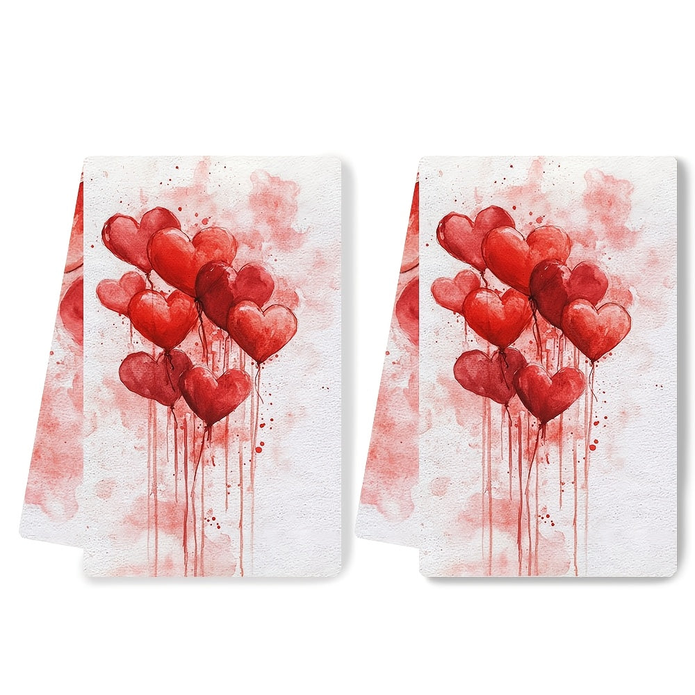 Set of 2 Ultra Soft Polyester Kitchen Towels - Adorned with Romantic Red Hearts, These Highly Absorbent & Machine Washable Dish Hand Towels are Ideal for Adding a Touch of Love to Your Valentine's Day Decor. Sized at 40.64x60.96 cm, these Dish Towels are