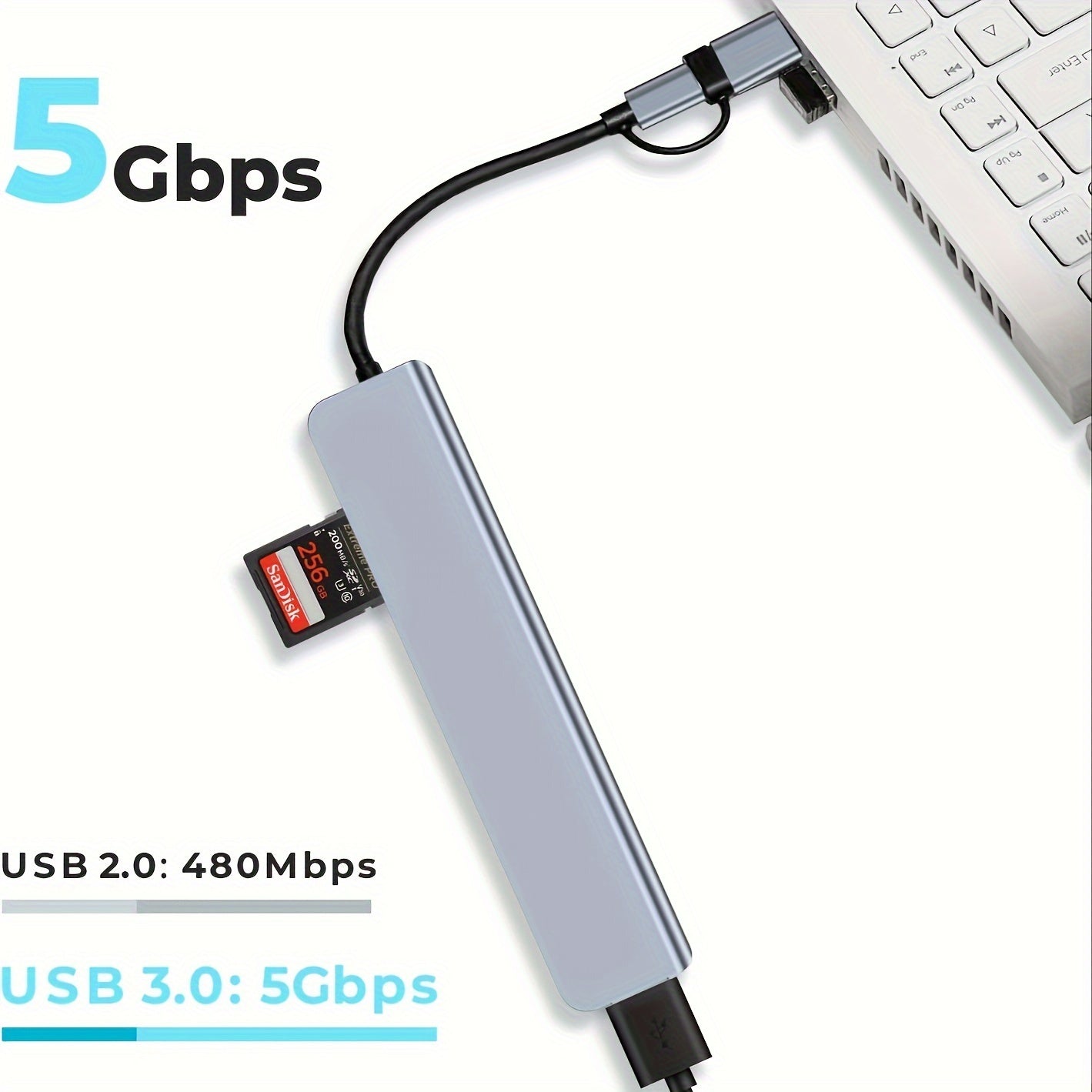 USB hub with audio jack, 8 ports, tablet-compatible, USB-powered, 5V operating voltage.