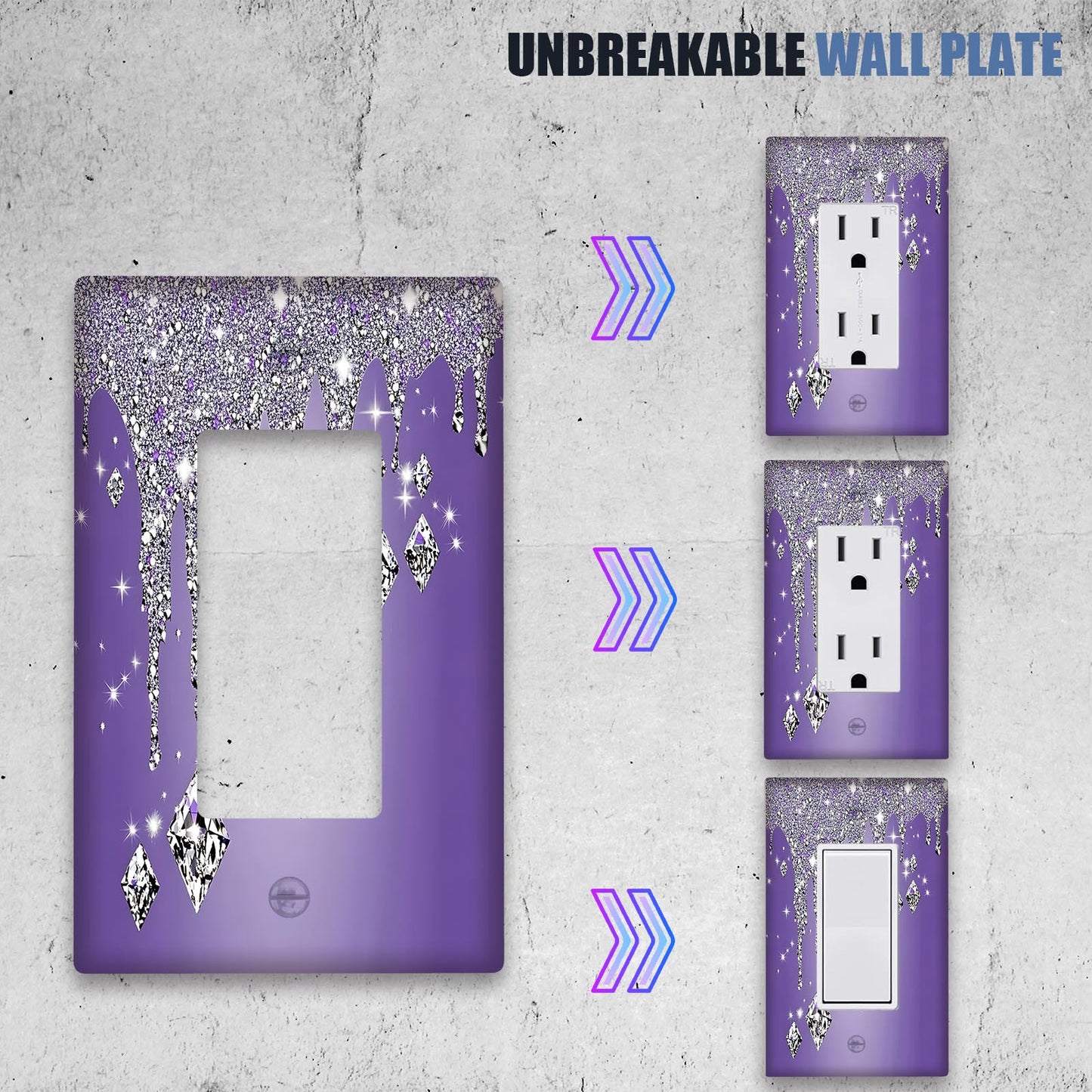 Glitter diamond purple drip light switch cover with ornate design, no electricity required. Easy to clean and suitable for various rooms. Available in 1 or 2 gang sizes.