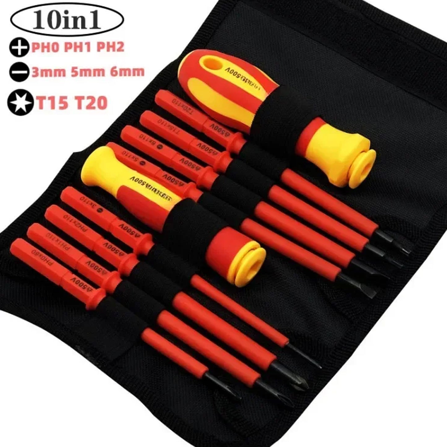 Insulated screwdriver set with high hardness magnetic hex key, ideal for household electricians. Features durable plastic handle and doesn't require electricity. Contains 10-20 pieces.