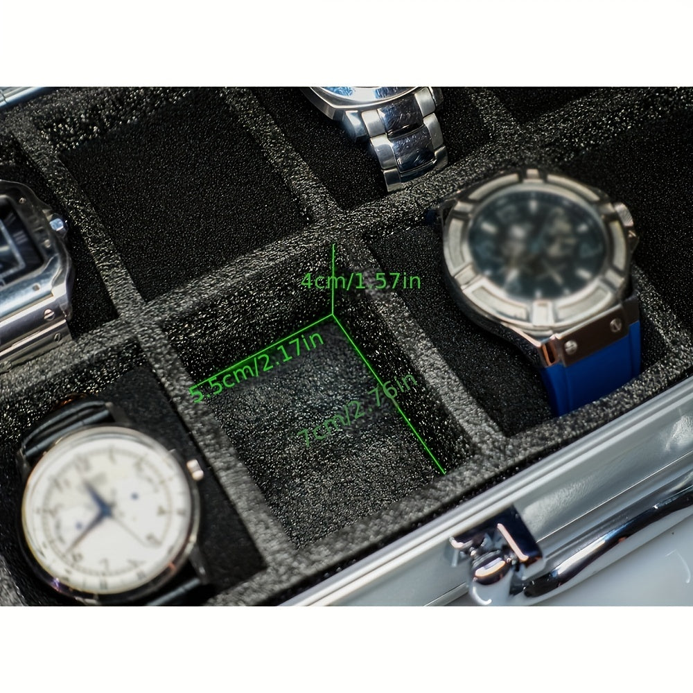 One piece of an aluminum alloy watch storage box with 18 slots, designed for men watch collectors. This portable clock display box can also be used as a gift box.