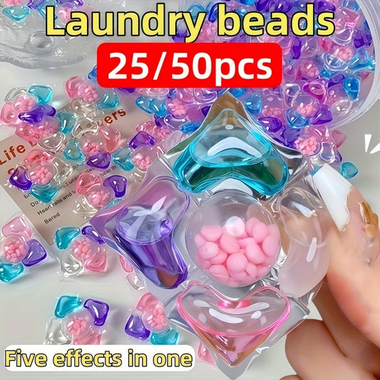 25/50 count 5-in-1 laundry detergent pods with concentrated formula and long-lasting scent beads for soft, stain-removing clothes that are easy to rinse.