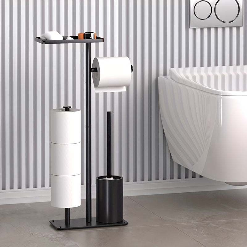 Freestanding toilet paper holder with storage rack and brush, efficient space-saving organizer