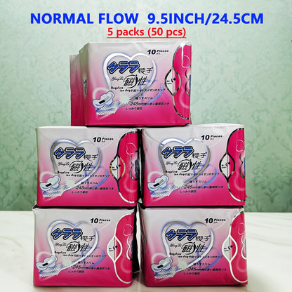 5 packs of ultra-thin winged sanitary pads for women, individually wrapped and unscented.