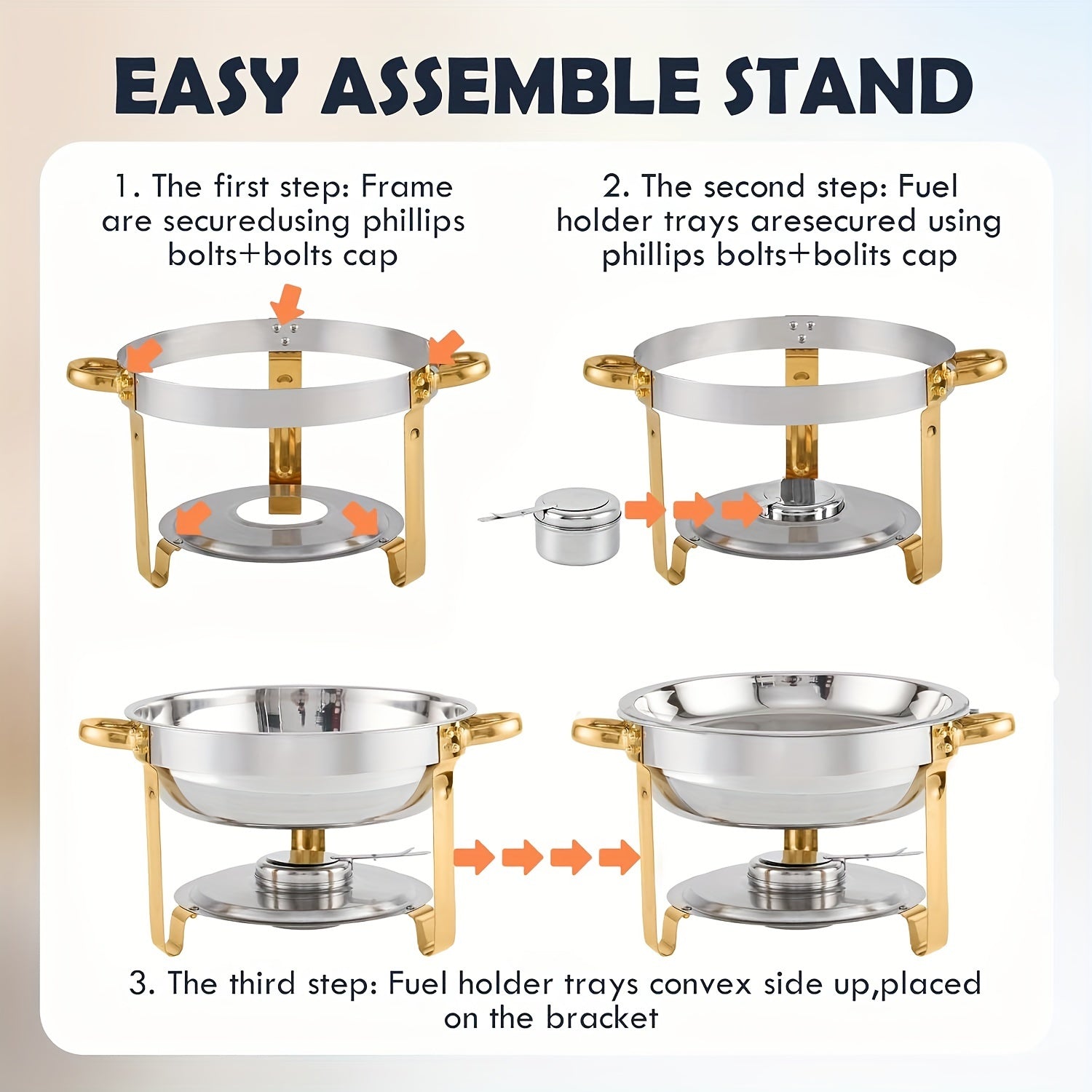 This set includes four 4-quart golden chafing dishes, complete with stainless steel round chafers topped with a glass lid for easy viewing. Each chafer also comes with a lid holder. Perfect for serving and keeping food warm at dinners, parties, weddings