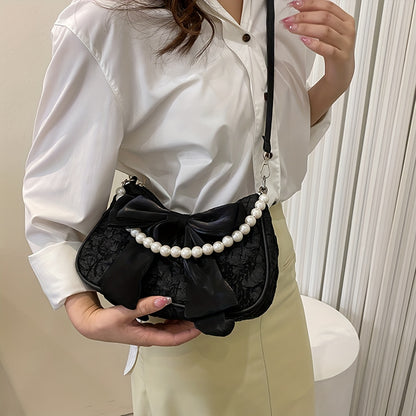 White pleated retro bow bag with pearl handle, new trend fashion pearl underarm shoulder messenger bag.