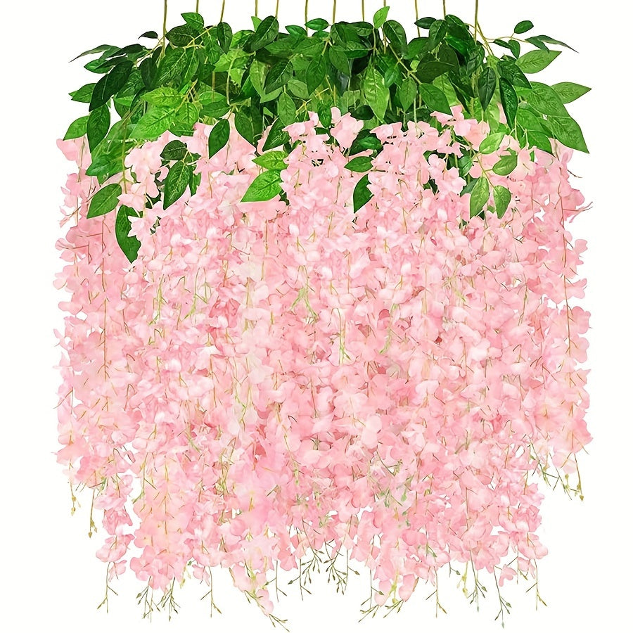 12 artificial wisteria garlands bring garden style to wedding parties and outdoor ceremonies without feathers.