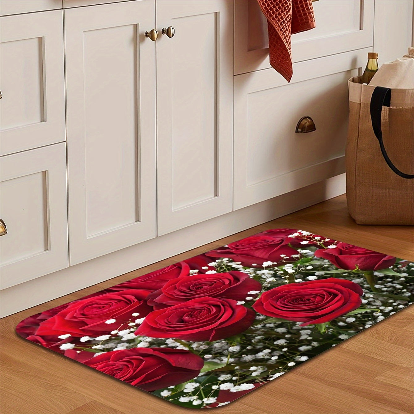 Soft premium rose flower kitchen mat made of anti-fatigue polyester, suitable for entryway, bedroom, living room, and more. Easy to clean as it is machine washable, perfect for home decor, balcony door carpet, and sink area.