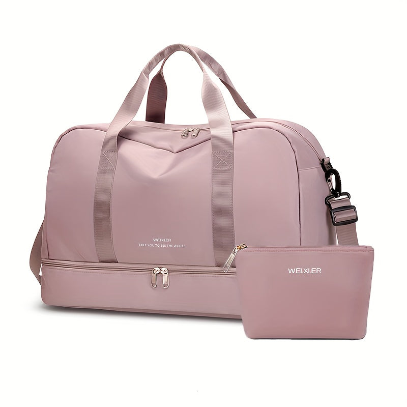 Fashionable travel bag with detachable pouch, perfect for sports and fitness, makeup, and weekend trips.